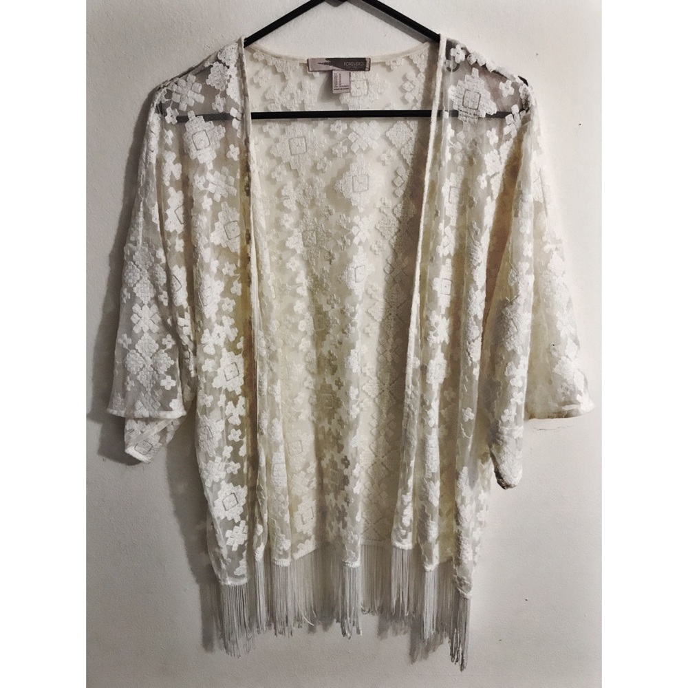White Lace Embroidered Midi Kimono